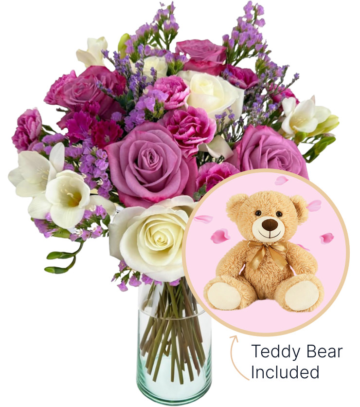 Lilac Haze Bouquet & Teddy Bear Bundle