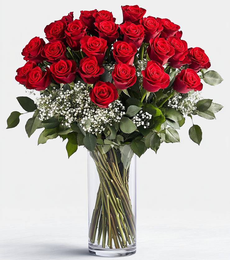 A Stunning Arrangement of Two Dozen Red Roses