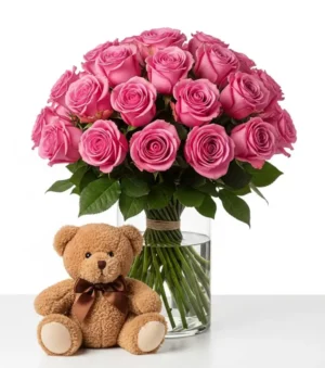 18 Pink Rose with Teddy Bear Bundle