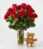18 Red Roses with Teddy Bear Bundle