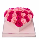 Fuchsia and Light Pink Lasting Roses in Heart Box