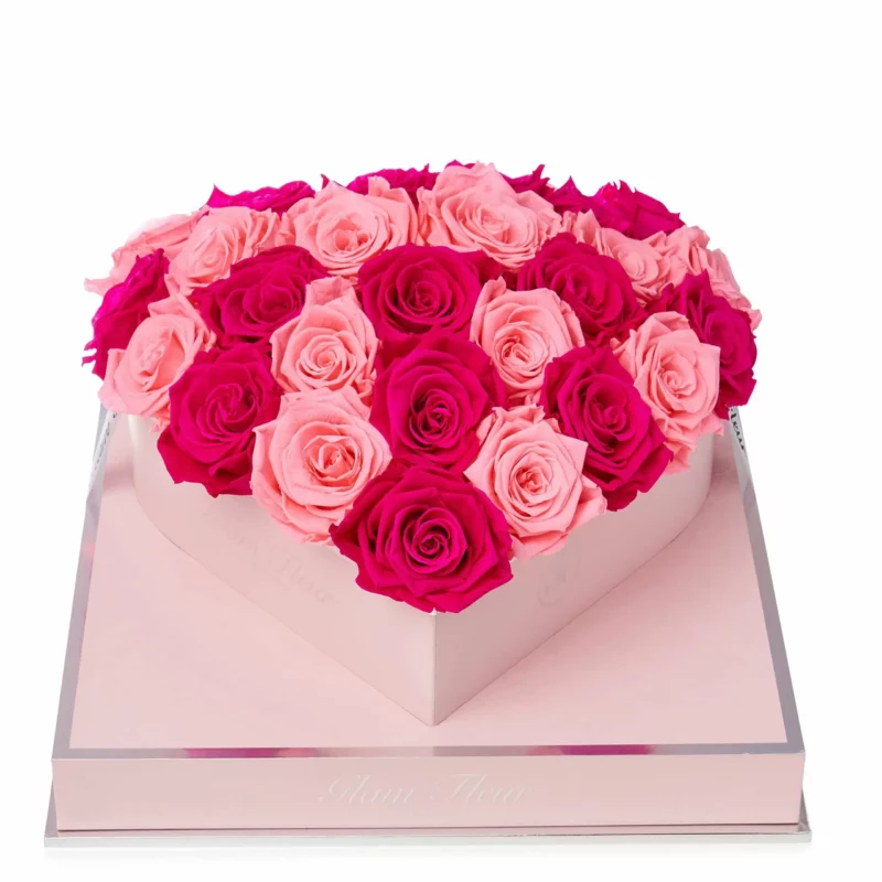 Fuchsia and Light Pink Lasting Roses in Heart Box