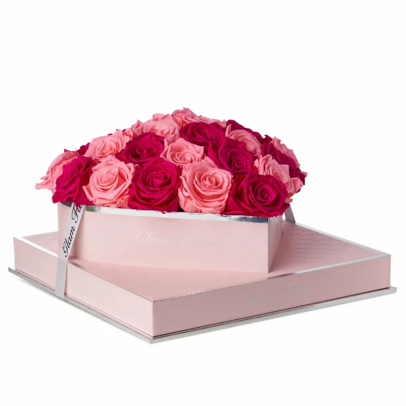Fuchsia and Light Pink Lasting Roses in Heart Box