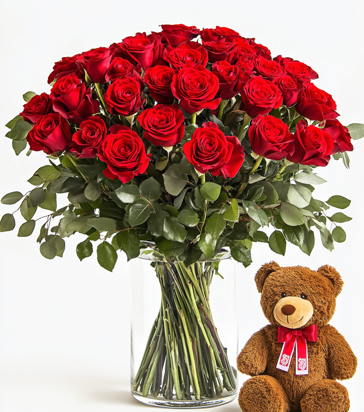 2 Dozen Red Roses w Bear