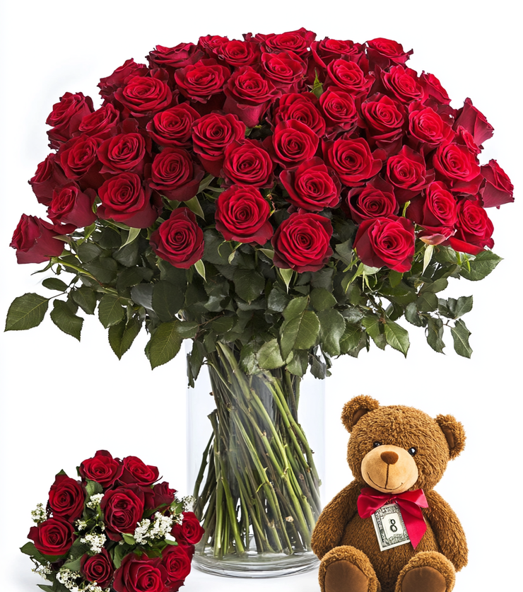 2 Dozen Red Roses w Bear
