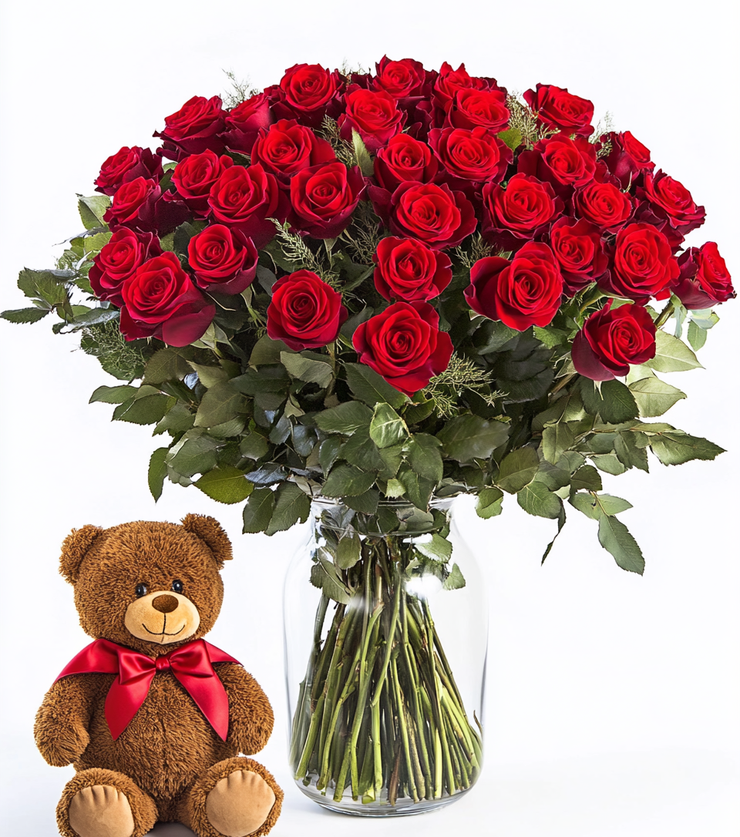 2 Dozen Red Roses w Bear