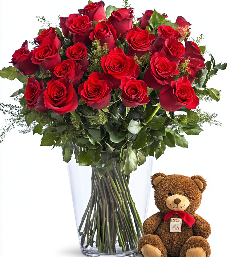 2 Dozen Red Roses w Bear