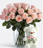 One Dozen Pink Roses & Bear