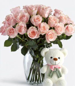 One Dozen Pink Roses & Bear