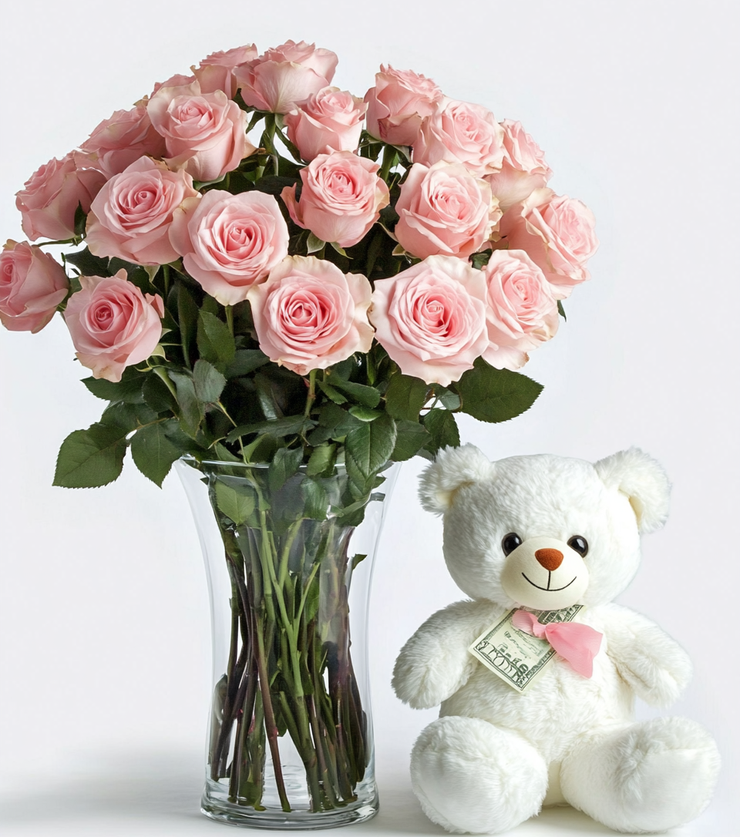 One Dozen Pink Roses & Bear
