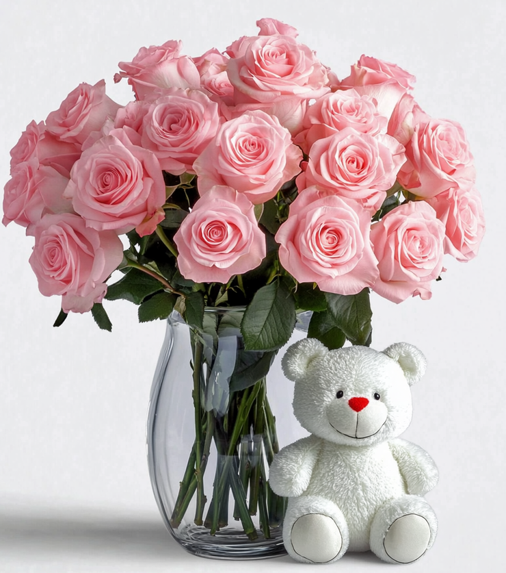 One Dozen Pink Roses & Bear