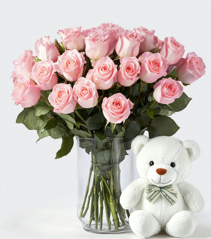 One Dozen Pink Roses & Bear