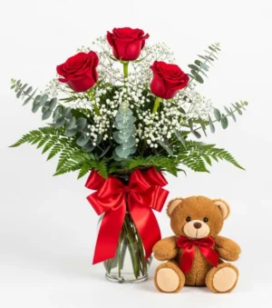 3 Red Roses & Bear