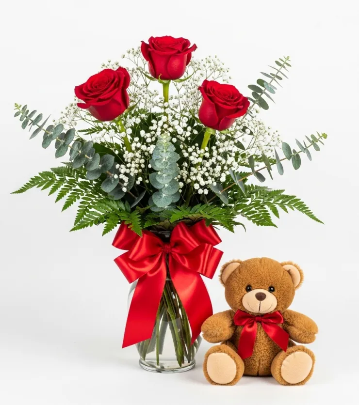 3 Red Roses & Bear