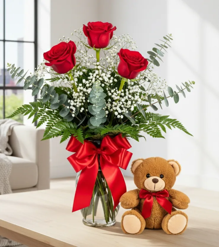 3 Red Roses & Bear
