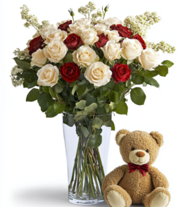 12 White Roses and Bear