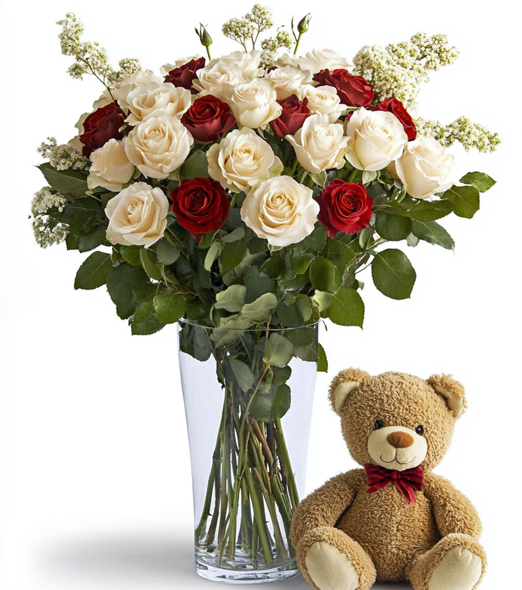 12 White Roses and Bear