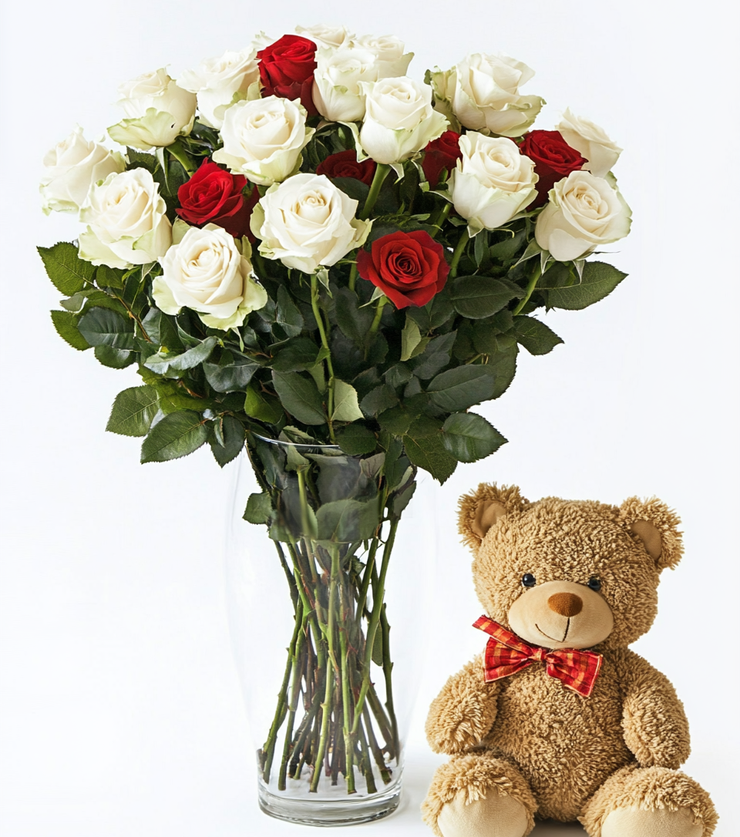 12 White Roses and Bear