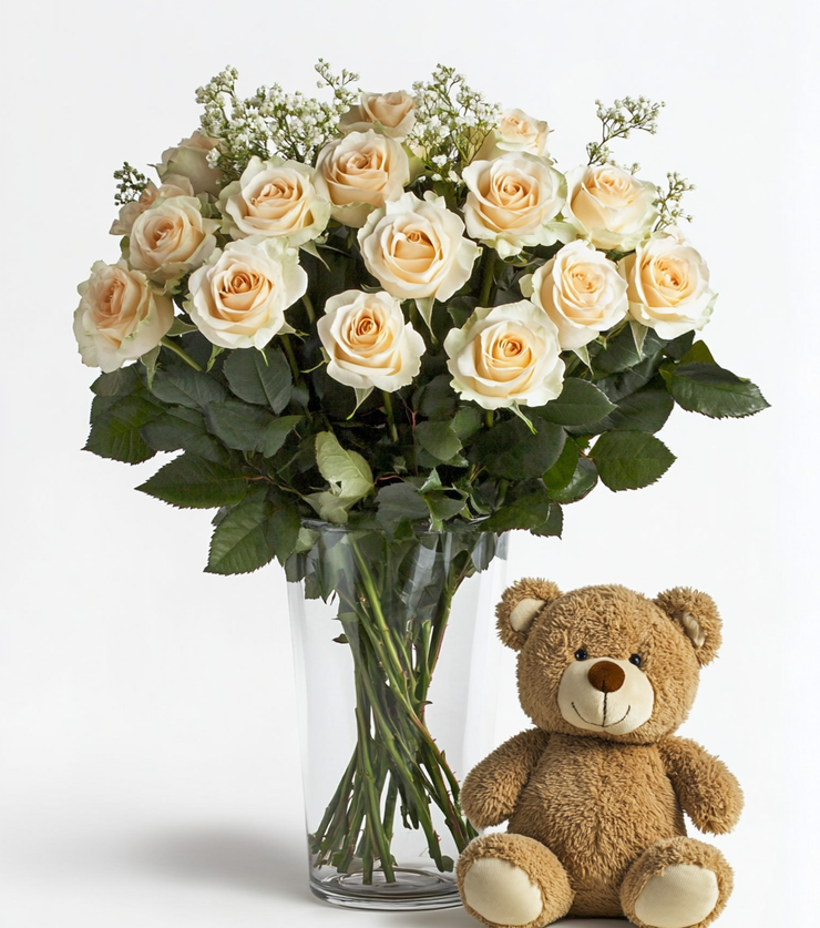12 White Roses and Bear