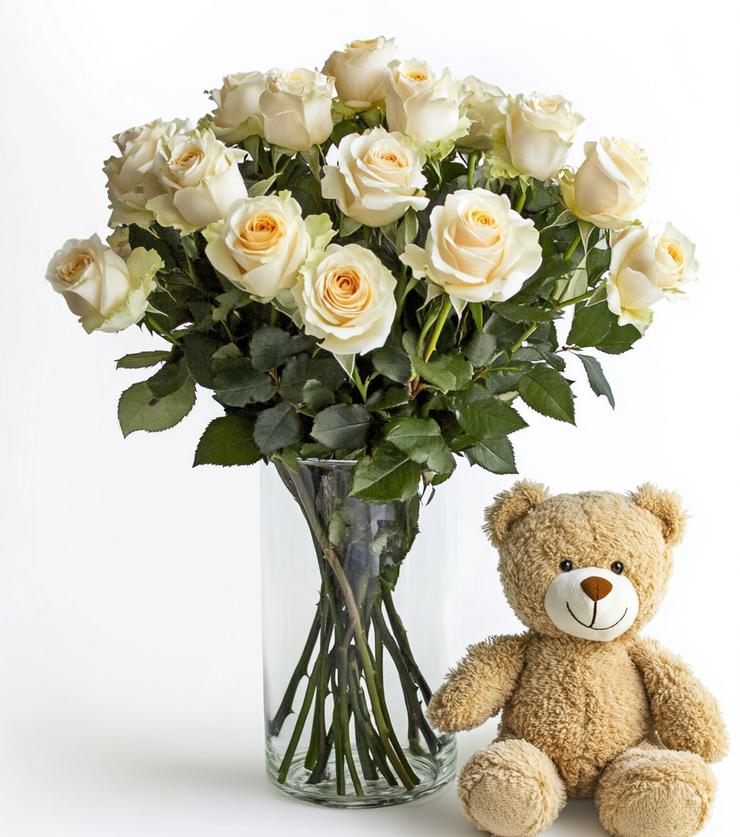 12 White Roses and Bear