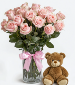 Dozen Pink Roses with Bear