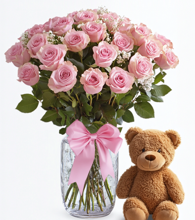 Dozen Pink Roses with Bear