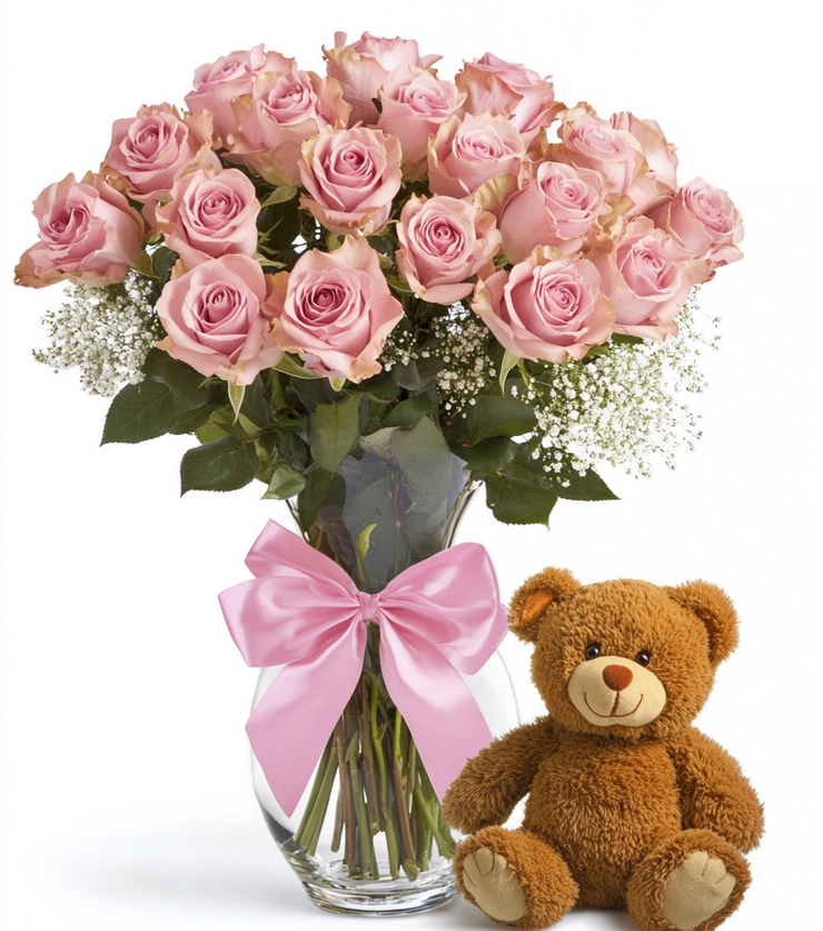 Dozen Pink Roses with Bear