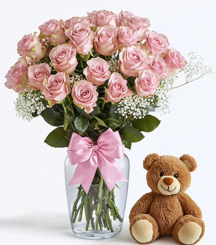Dozen Pink Roses with Bear