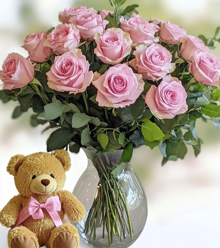 Dozen Pink Roses with Bear