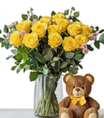 Dozen Yellow Roses with Bear
