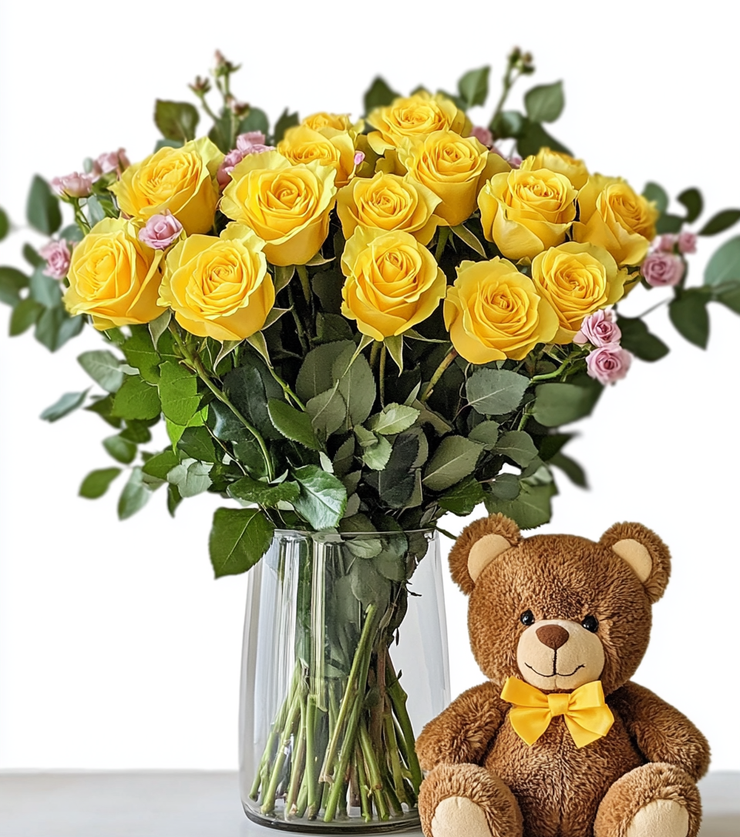 Dozen Yellow Roses with Bear