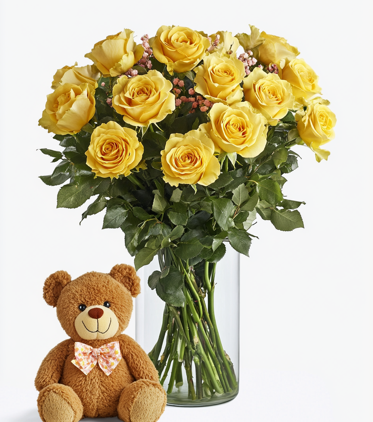 Dozen Yellow Roses with Bear