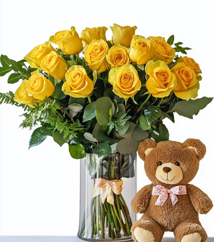 Dozen Yellow Roses with Bear